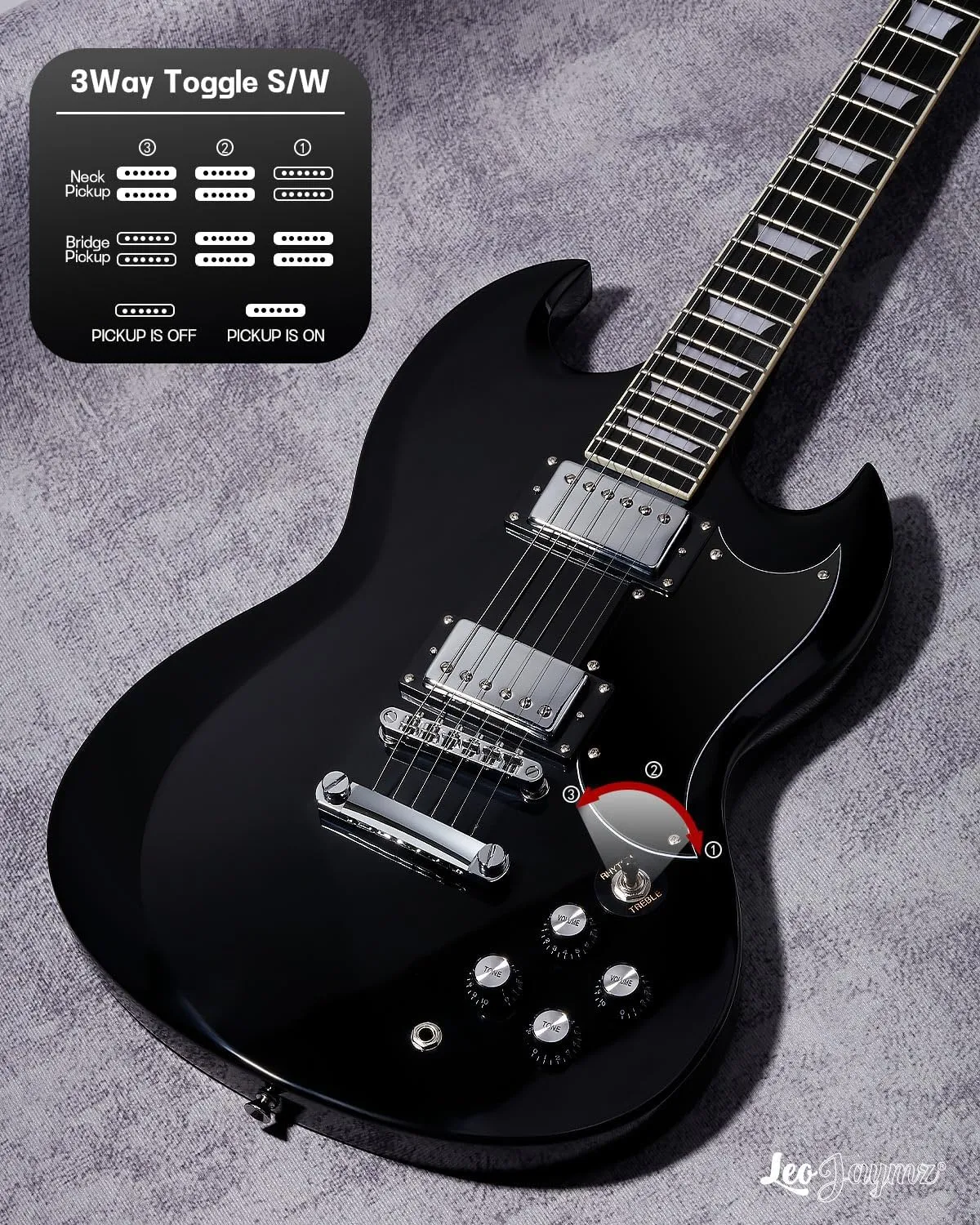 Leo Jaymz 39 Inch Solid Body Electric Guitar - Poplar Wood Body，Maple Neck and Composite Laurel Wood Fretboard (Black)