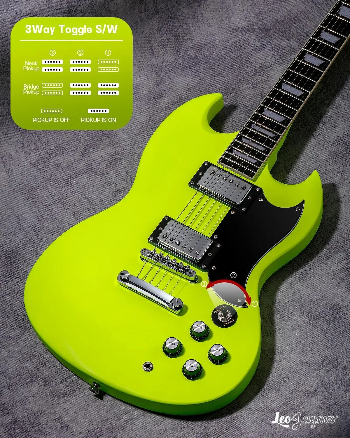 Leo Jaymz 39 Inch Solid Body Electric Guitar - Poplar Wood Body，Maple Neck and Composite Laurel Wood Fretboard (Fluorescent Green)