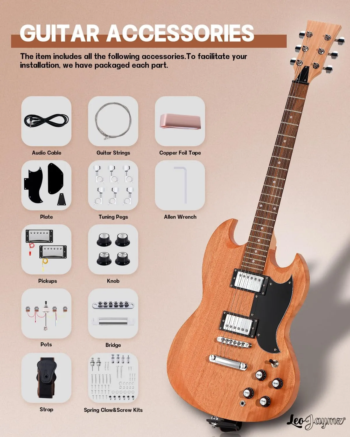 Leo Jaymz DIY Double Cut Electric Guitar Kits with Mahogany Body and Neck - Laurel Wood Fingerboard and All Components Included (DC)