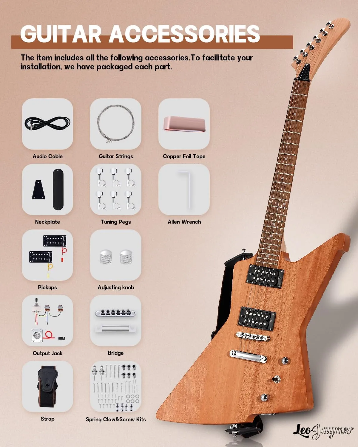 Leo Jaymz DIY Electric Guitar Kits - Mahogany Body, Mahogany Neck and Laurel Wood Fretboard - Fully Components Included (AX)