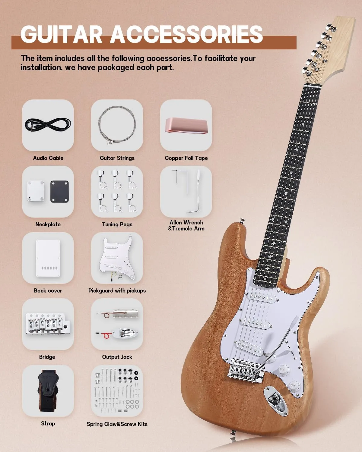 Leo Jaymz DIY ST Style Electric Guitar Kits with Mahogany Body and Maple Neck - Ebony Fingerboard and All Components Included (ST)