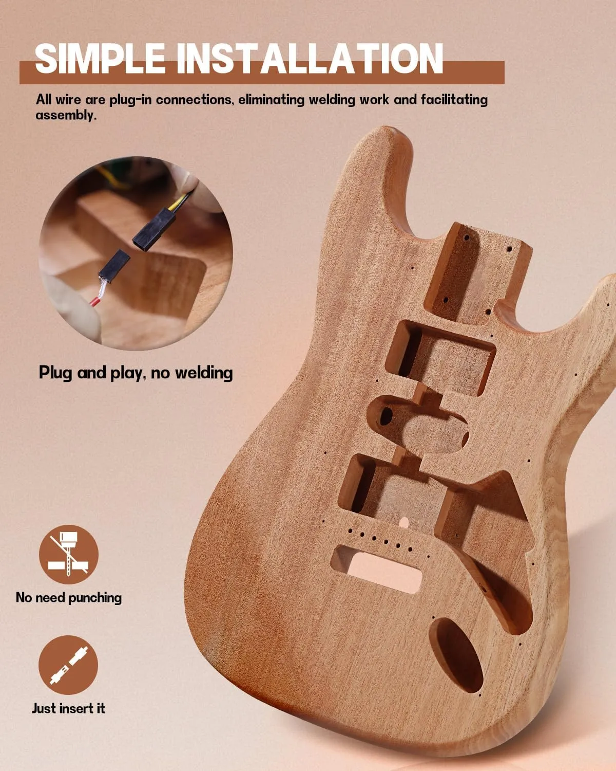 Leo Jaymz DIY ST Style Electric Guitar Kits with Mahogany Body and Maple Neck - Sail Shaped Headstock - Laurel Wood Fingerboard and All Components Included (ST LJ Headstock)