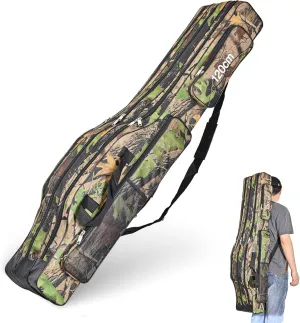 LEOFISHING Portable 3 Layers Fishing Pole Bag Durable Oxford Folding Fishing Rod Reel Carry Case Tackle Storage Bag Case Waterproof Camouflage Travel Fishing Carrier (Yellow Camouflage, 120cm/47in)