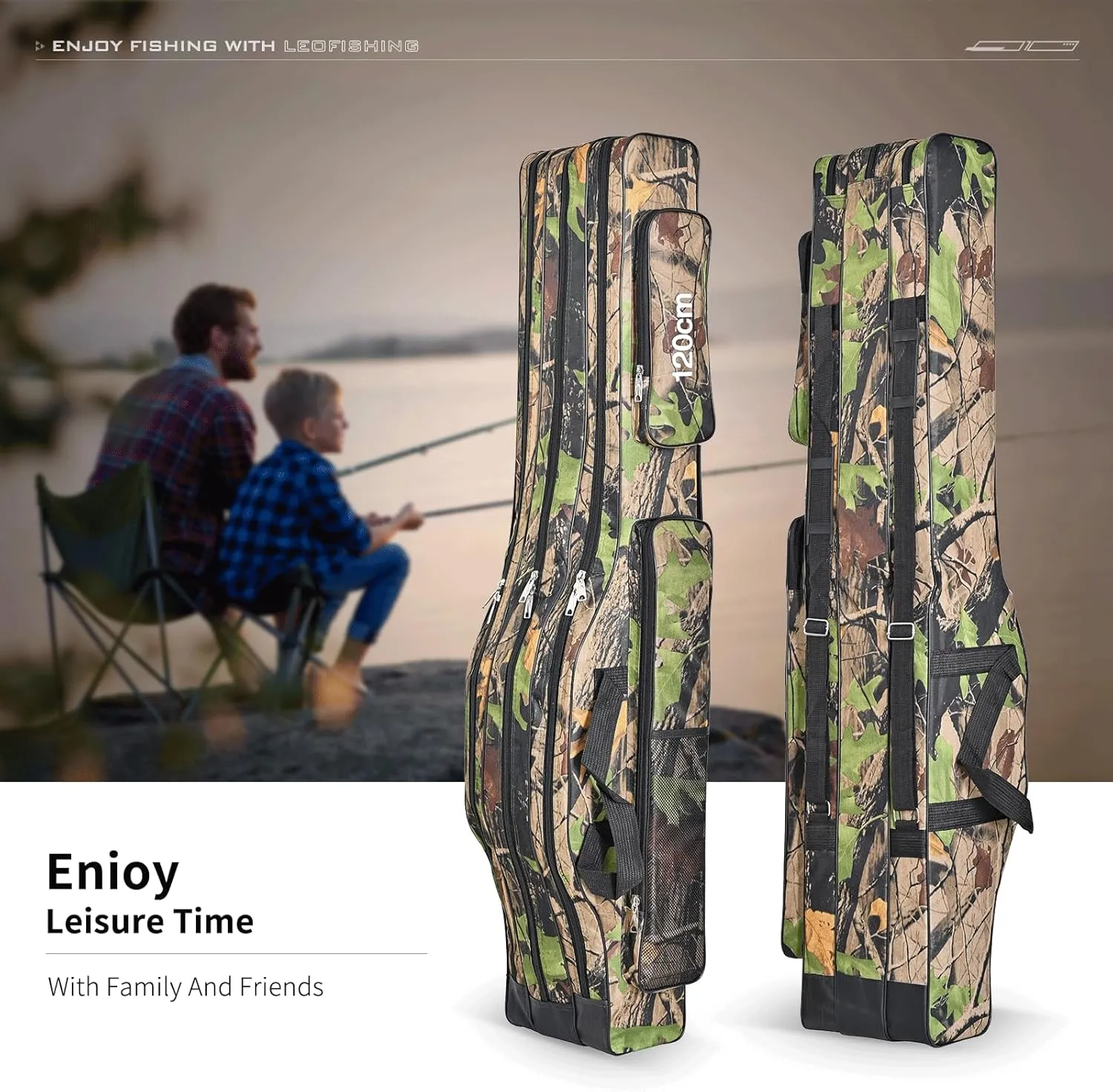 LEOFISHING Portable 3 Layers Fishing Pole Bag Durable Oxford Folding Fishing Rod Reel Carry Case Tackle Storage Bag Case Waterproof Camouflage Travel Fishing Carrier (Yellow Camouflage, 120cm/47in)