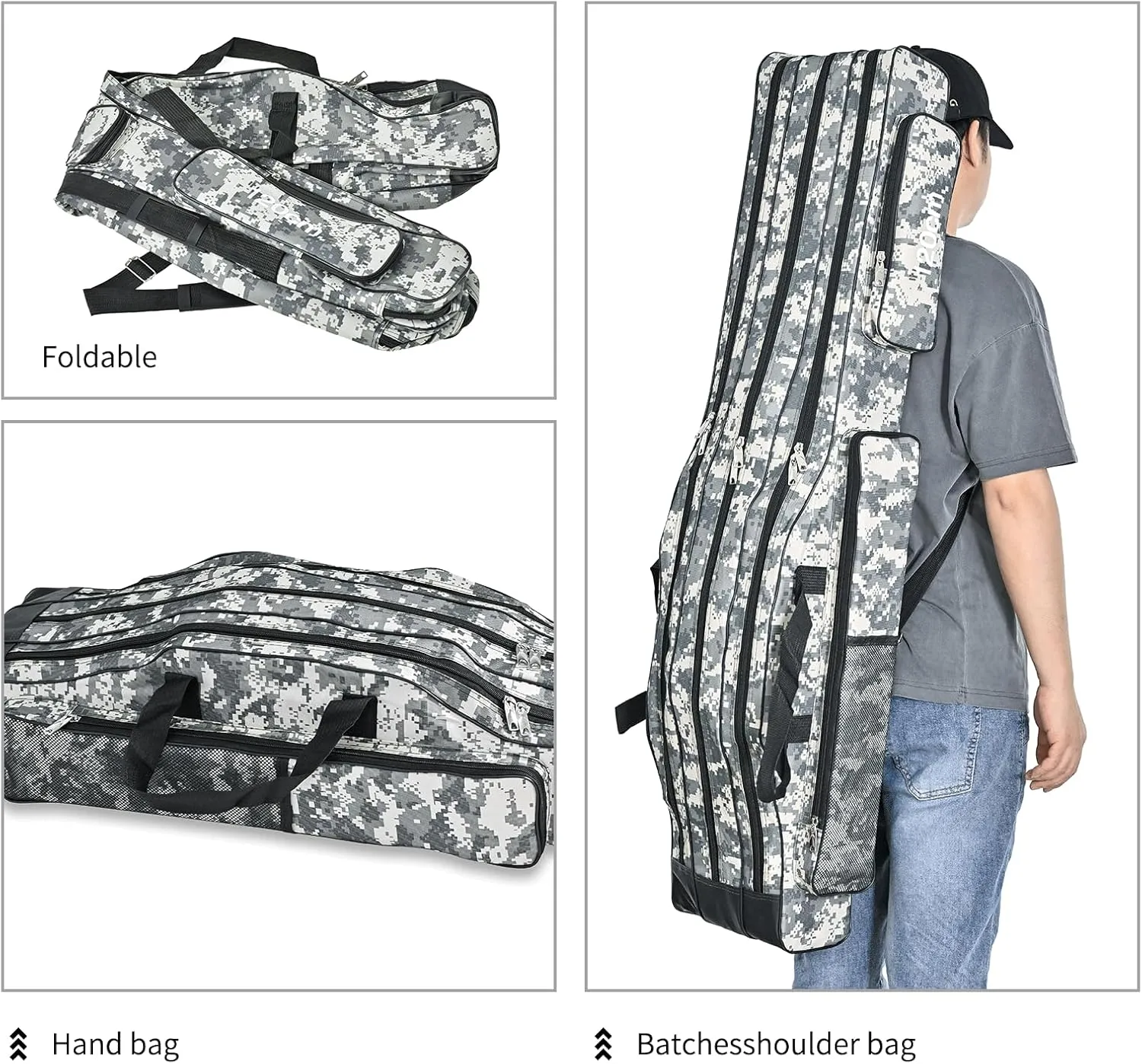 LEOFISHING Portable 3 Layers Fishing Pole Bag Durable Oxford Folding Fishing Rod Reel Carry Case Tackle Storage Bag Case Waterproof Camouflage Travel Fishing Carrier (Yellow Camouflage, 120cm/47in)