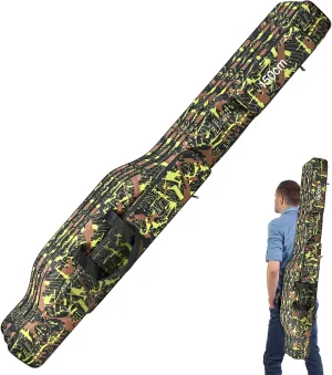 LEOFISHING Portable Folding Fishing Rod Carrier Reel Case Bag 4.27ft/ 4.92ft Oxford Fish Pole Tools Soft Case Pro Gear Tackle Storage Bag for Shoulders Handles (Green Camouflage, 130cm/4.27ft)
