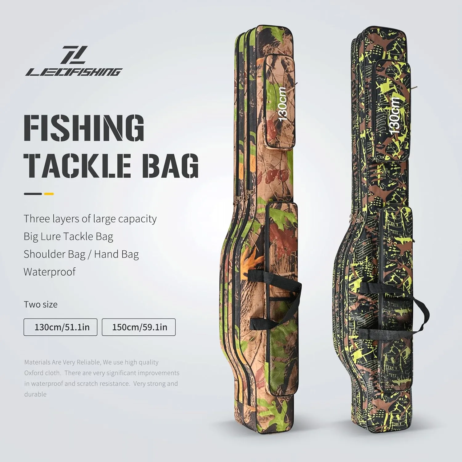 LEOFISHING Portable Folding Fishing Rod Carrier Reel Case Bag 4.27ft/ 4.92ft Oxford Fish Pole Tools Soft Case Pro Gear Tackle Storage Bag for Shoulders Handles (Green Camouflage, 130cm/4.27ft)