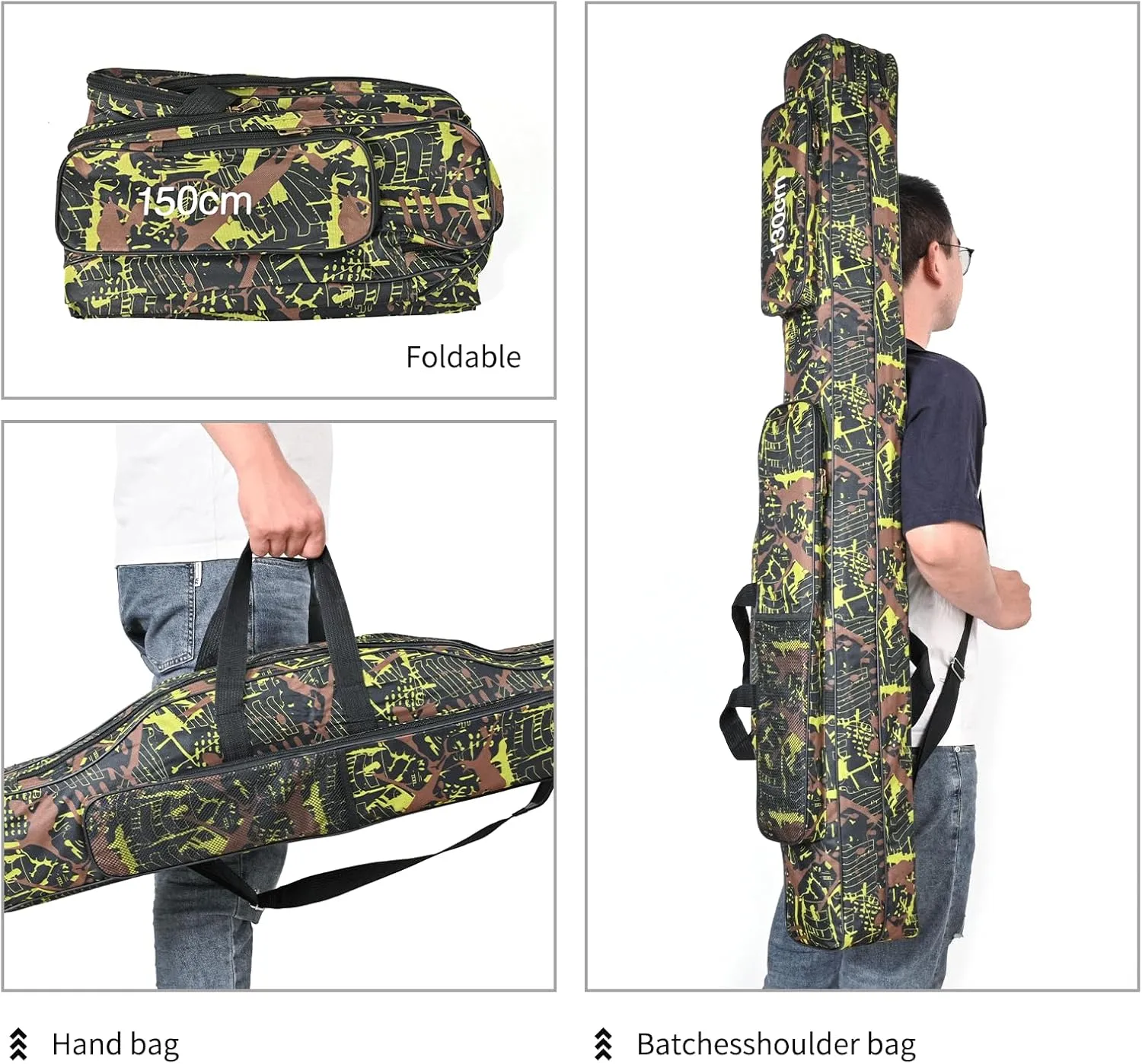 LEOFISHING Portable Folding Fishing Rod Carrier Reel Case Bag 4.27ft/ 4.92ft Oxford Fish Pole Tools Soft Case Pro Gear Tackle Storage Bag for Shoulders Handles (Yello Camouflage, 130cm/4.27ft)
