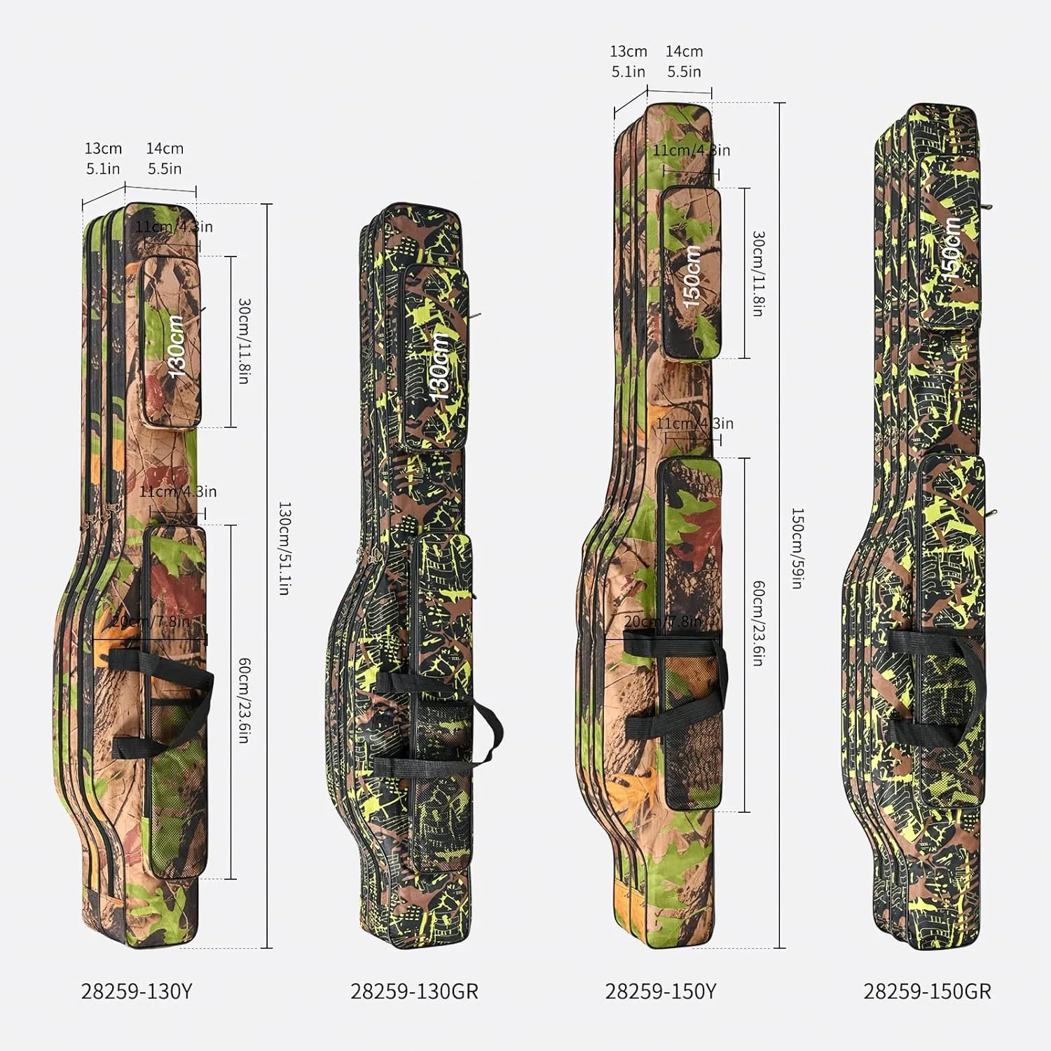 LEOFISHING Portable Folding Fishing Rod Carrier Reel Case Bag 4.27ft/ 4.92ft Oxford Fish Pole Tools Soft Case Pro Gear Tackle Storage Bag for Shoulders Handles (Yello Camouflage, 130cm/4.27ft)