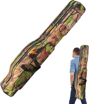 LEOFISHING Portable Folding Fishing Rod Carrier Reel Case Bag 4.27ft/ 4.92ft Oxford Fish Pole Tools Soft Case Pro Gear Tackle Storage Bag for Shoulders Handles (Yello Camouflage, 130cm/4.27ft)