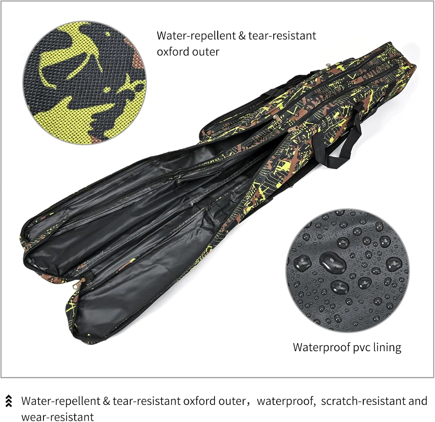 LEOFISHING Portable Folding Fishing Rod Carrier Reel Case Bag 4.27ft/ 4.92ft Oxford Fish Pole Tools Soft Case Pro Gear Tackle Storage Bag for Shoulders Handles (Yello Camouflage, 130cm/4.27ft)