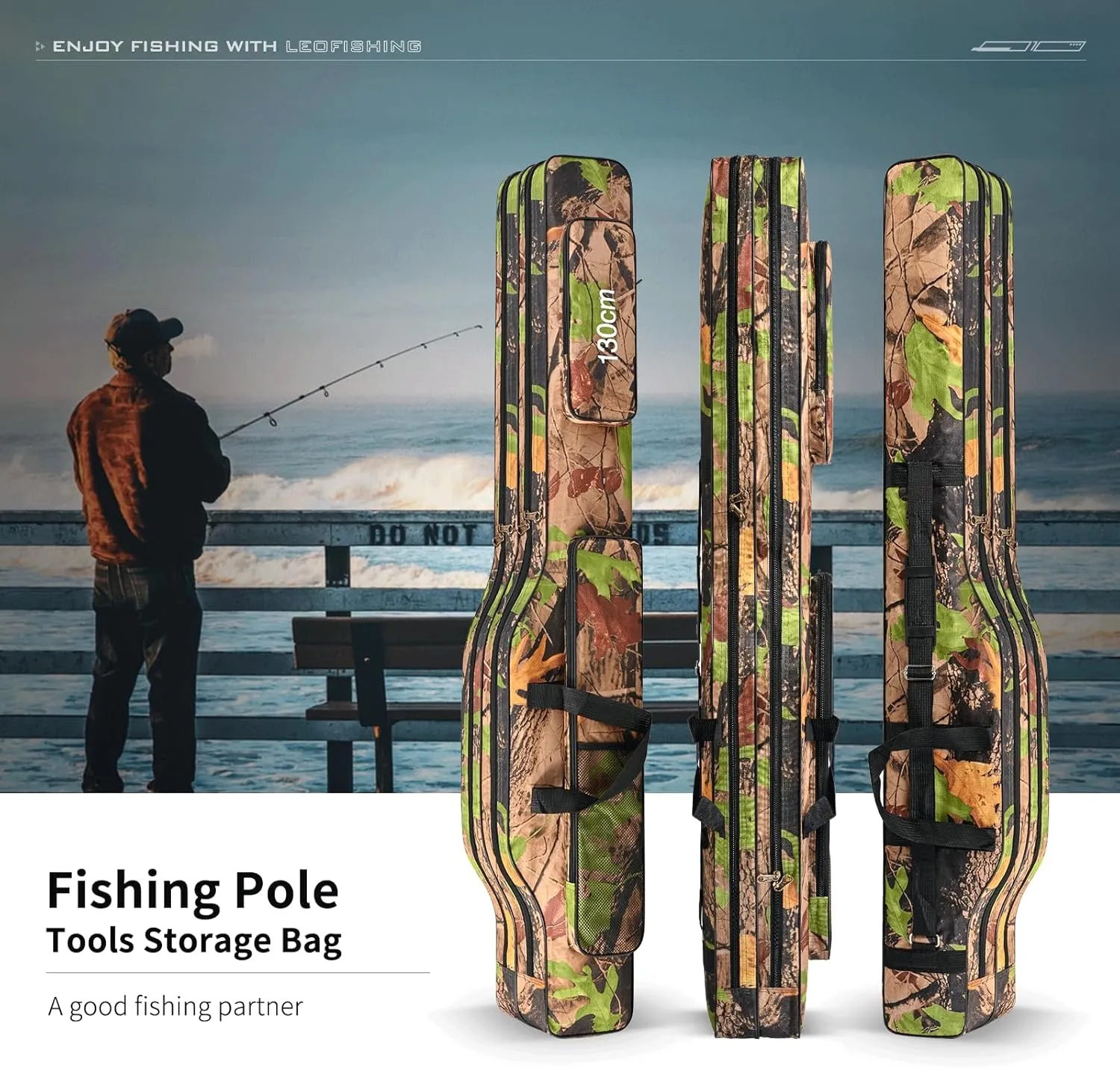 LEOFISHING Portable Folding Fishing Rod Carrier Reel Case Bag 4.27ft/ 4.92ft Oxford Fish Pole Tools Soft Case Pro Gear Tackle Storage Bag for Shoulders Handles (Yello Camouflage, 130cm/4.27ft)