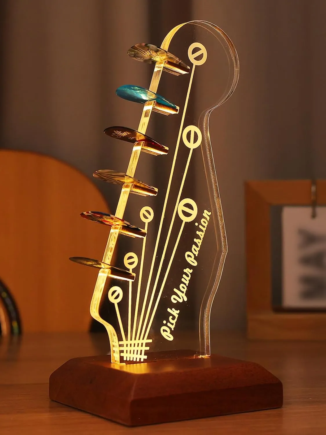 Light Up Guitar Pick Holder - Electric Guitar Headstock Shaped Acrylic & Wooden USB Powered Display Case - Guitar Accessories Gift for Players/Men (Picks Storage Organizer)