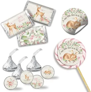 Little Deer Woodland Watercolor Floral Girl Baby Shower Sticker Bundle Kit - 429 pieces!!! Includes 60 2" Circle Stickers for Favors & Goodie Bags, 45 Mini Candy Bar Wrappers & 324 Round Candy Kiss