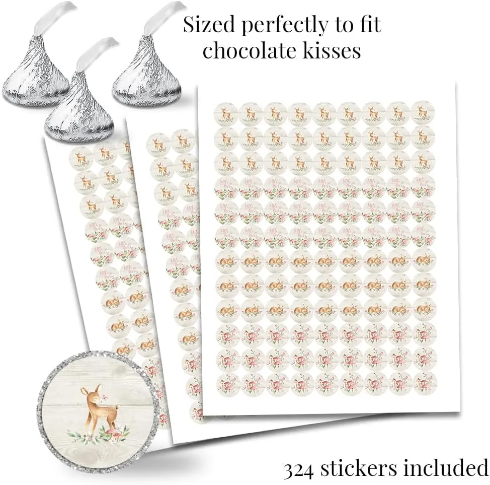 Little Deer Woodland Watercolor Floral Girl Baby Shower Sticker Bundle Kit - 429 pieces!!! Includes 60 2" Circle Stickers for Favors & Goodie Bags, 45 Mini Candy Bar Wrappers & 324 Round Candy Kiss