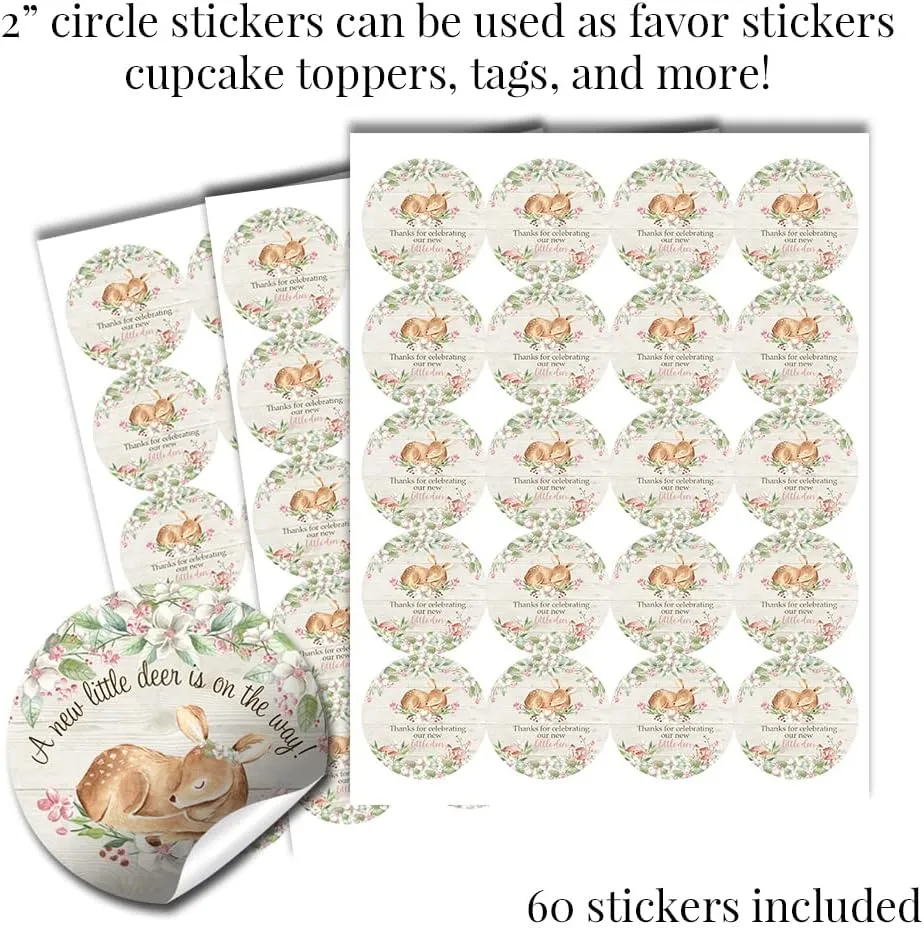 Little Deer Woodland Watercolor Floral Girl Baby Shower Sticker Bundle Kit - 429 pieces!!! Includes 60 2" Circle Stickers for Favors & Goodie Bags, 45 Mini Candy Bar Wrappers & 324 Round Candy Kiss