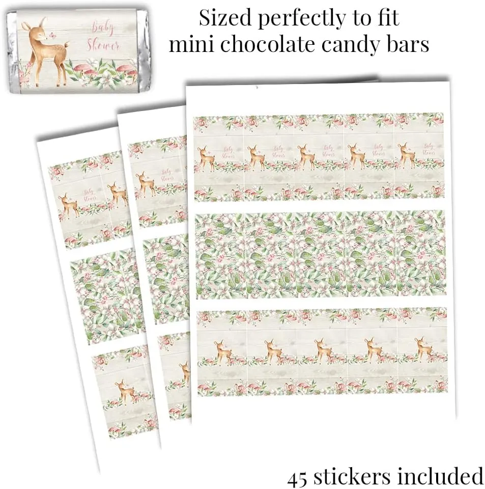 Little Deer Woodland Watercolor Floral Girl Baby Shower Sticker Bundle Kit - 429 pieces!!! Includes 60 2" Circle Stickers for Favors & Goodie Bags, 45 Mini Candy Bar Wrappers & 324 Round Candy Kiss
