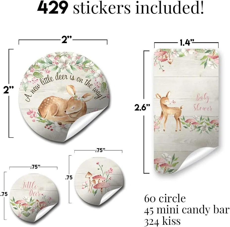 Little Deer Woodland Watercolor Floral Girl Baby Shower Sticker Bundle Kit - 429 pieces!!! Includes 60 2" Circle Stickers for Favors & Goodie Bags, 45 Mini Candy Bar Wrappers & 324 Round Candy Kiss