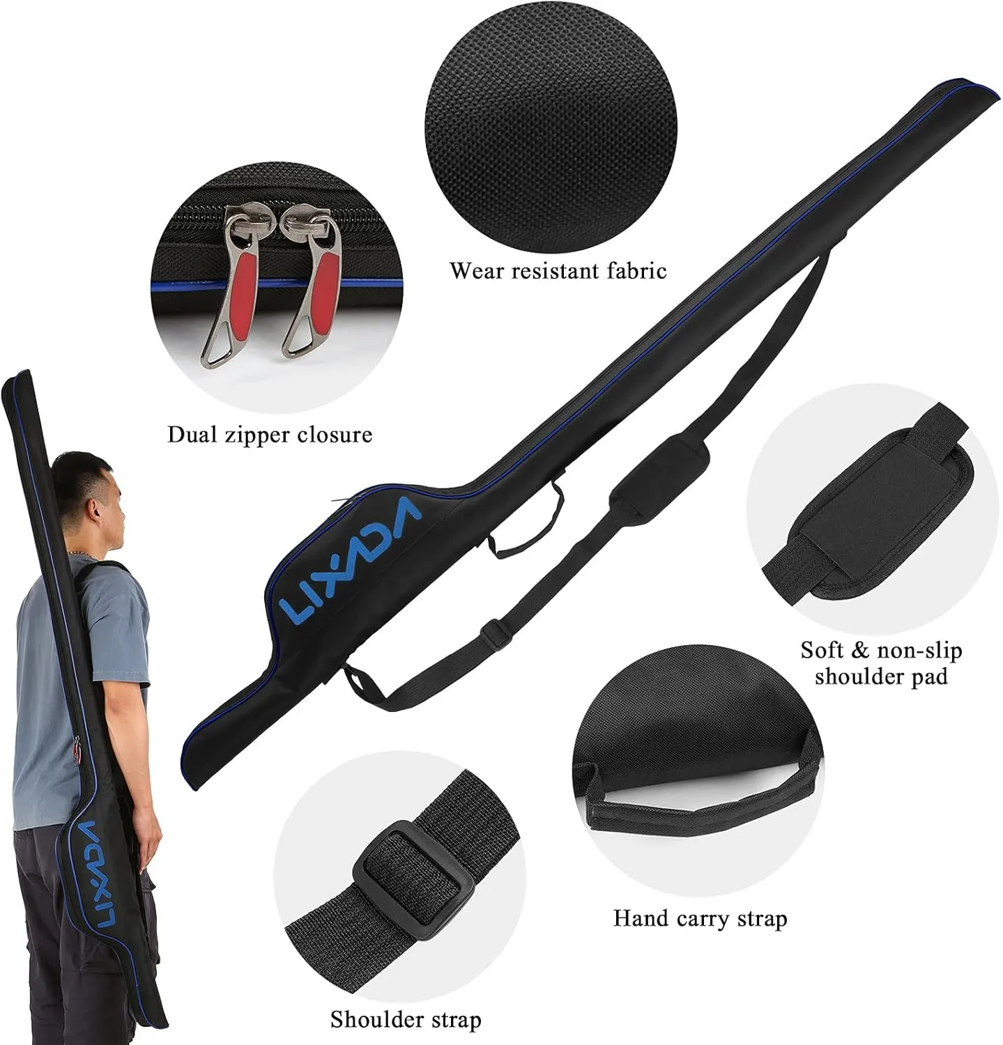 Lixada 63 Inch Fishing Rod Bag Portable Fishing Rod Reel Protective Case, Folding Fishing Pole Holder Cover Rod Tackle Organizer