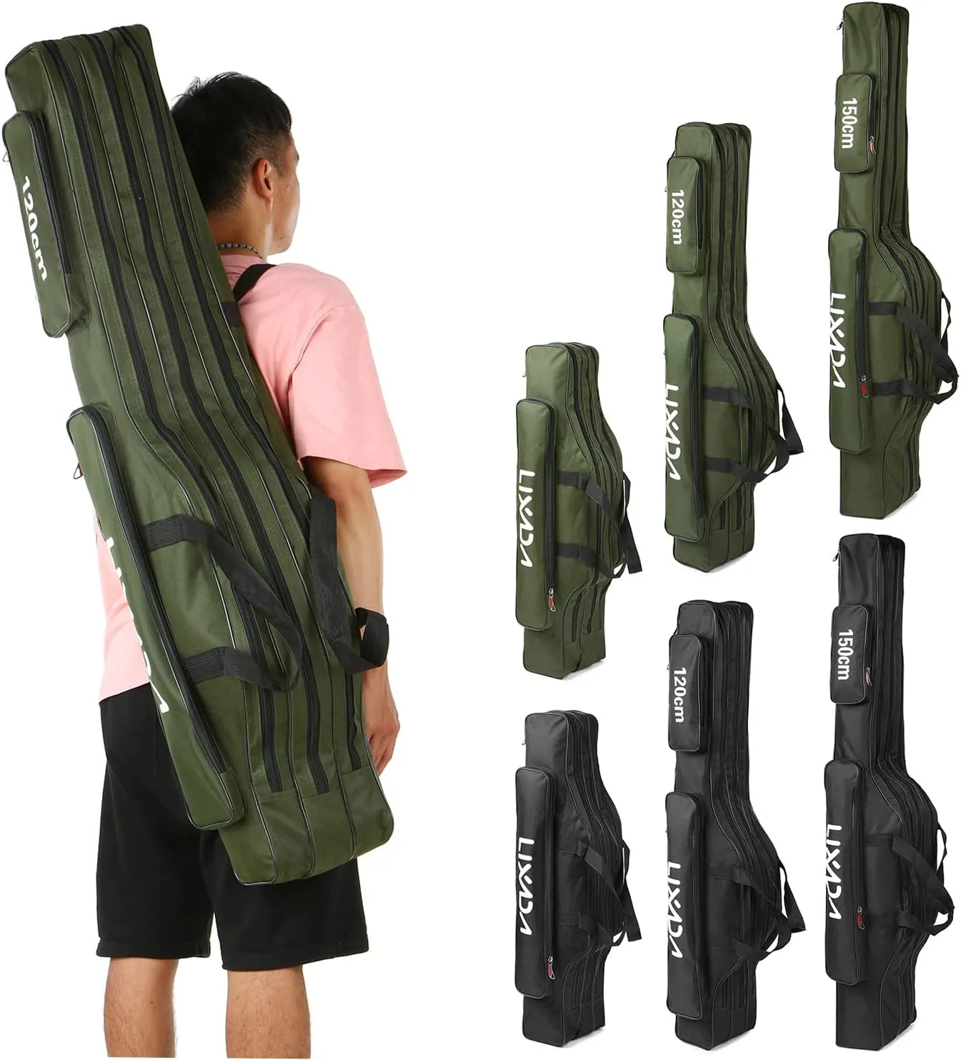 Lixada Fishing Rod Case - 3 Layers Oxford Bag, Portable Folding Carrier for Rods and Reels, Tackle Storage Travel Bag, 90cm/120cm/150cm Optional
