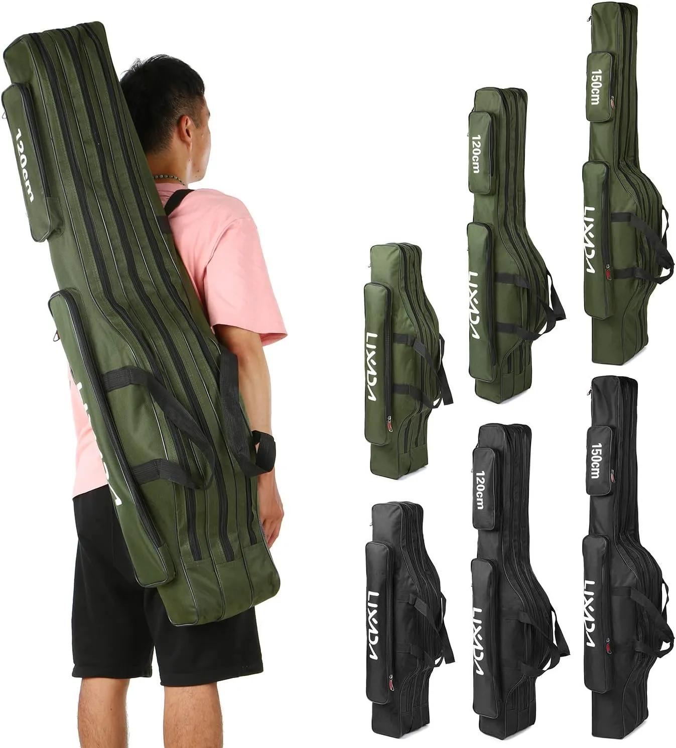 Lixada Fishing Rod Case - 3 Layers Oxford Bag, Portable Folding Carrier for Rods and Reels, Tackle Storage Travel Bag, 90cm/120cm/150cm Optional