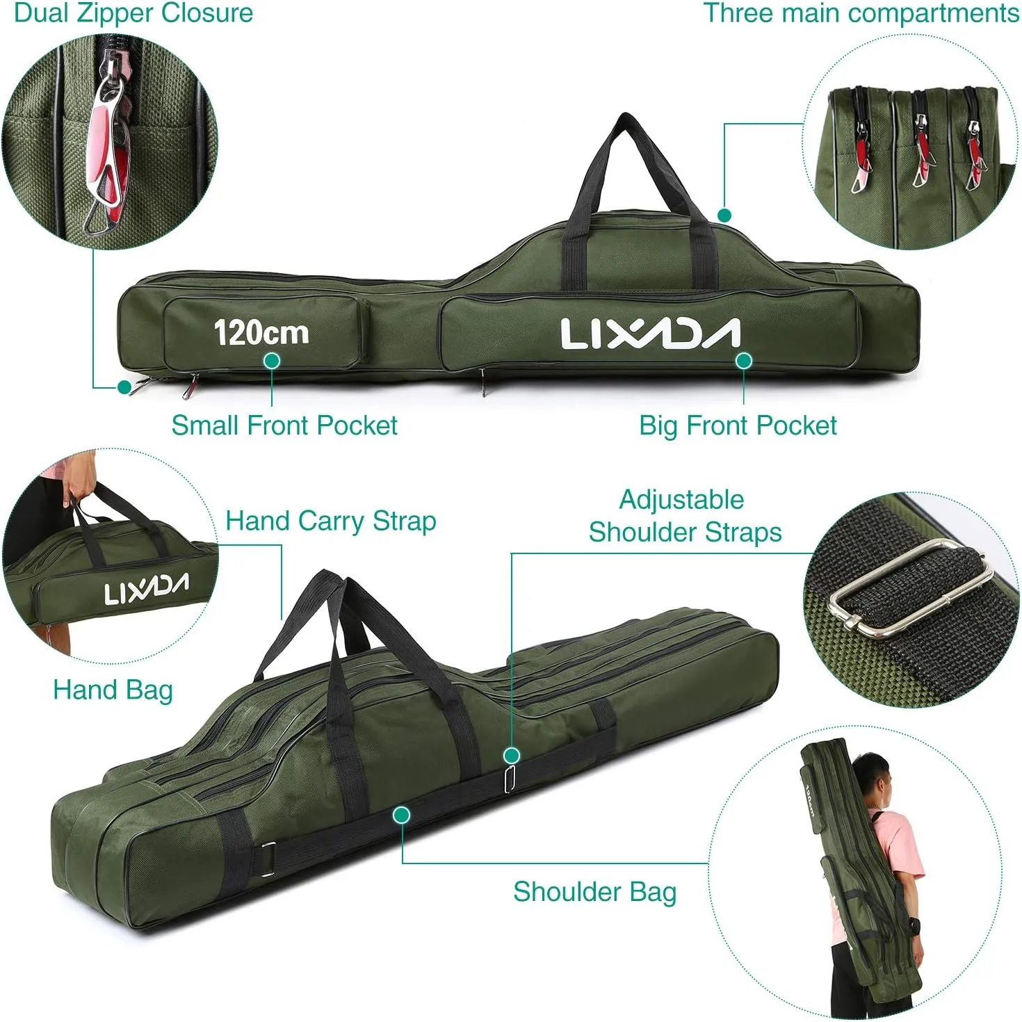 Lixada Fishing Rod Case - 3 Layers Oxford Bag, Portable Folding Carrier for Rods and Reels, Tackle Storage Travel Bag, 90cm/120cm/150cm Optional