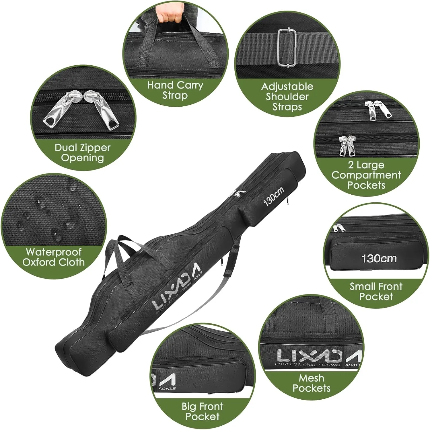 Lixada Fishing Rod Case, Portable Folding Fishing Rod Case Fishing Pole Reel Storage Bag Fishing Gears Organizer