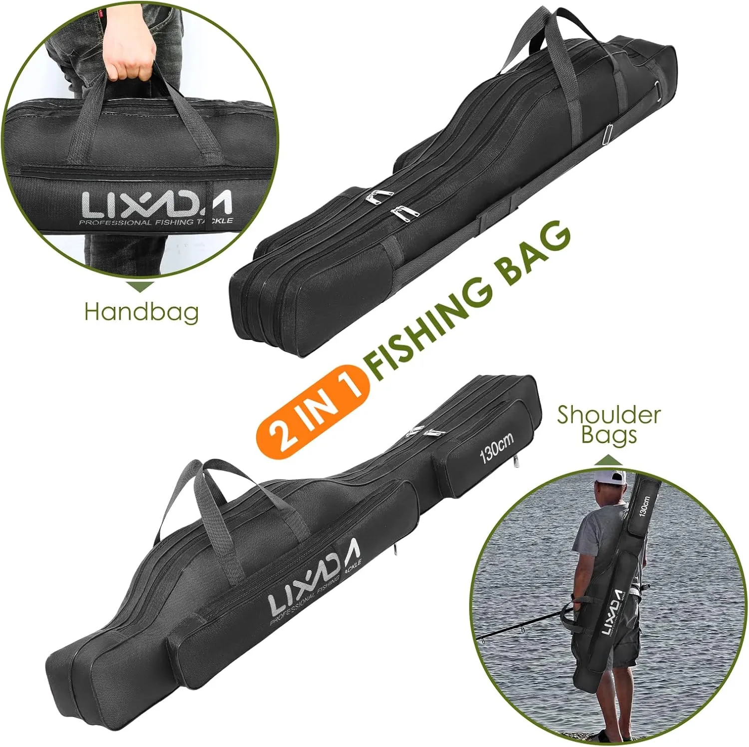 Lixada Fishing Rod Case, Portable Folding Fishing Rod Case Fishing Pole Reel Storage Bag Fishing Gears Organizer