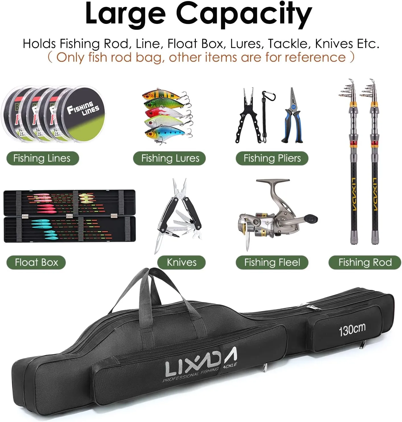 Lixada Fishing Rod Case, Portable Folding Fishing Rod Case Fishing Pole Reel Storage Bag Fishing Gears Organizer
