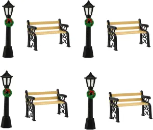 LOGOFUN 8Pcs Mini Street Lamp Post Miniature Park Bench Seat Mini Street Light Models Dollhouse Christmas Village Pathway Lantern Post for Xmas Fairy Garden Accessories