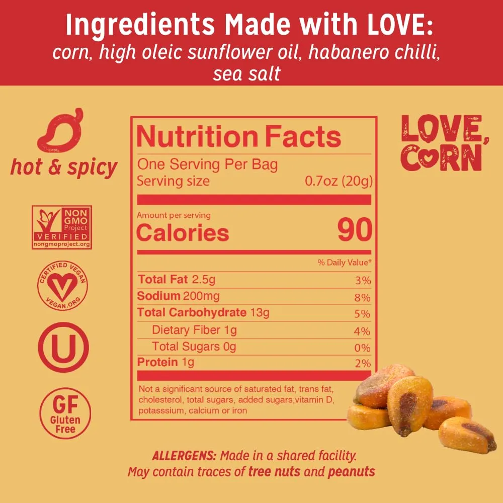 LOVE CORN | Habanero Chilli Delicious Crunchy Corn | 0.7oz, 20 bags | Low-Sugar, Gluten-Free, Plant Based, Non-GMO