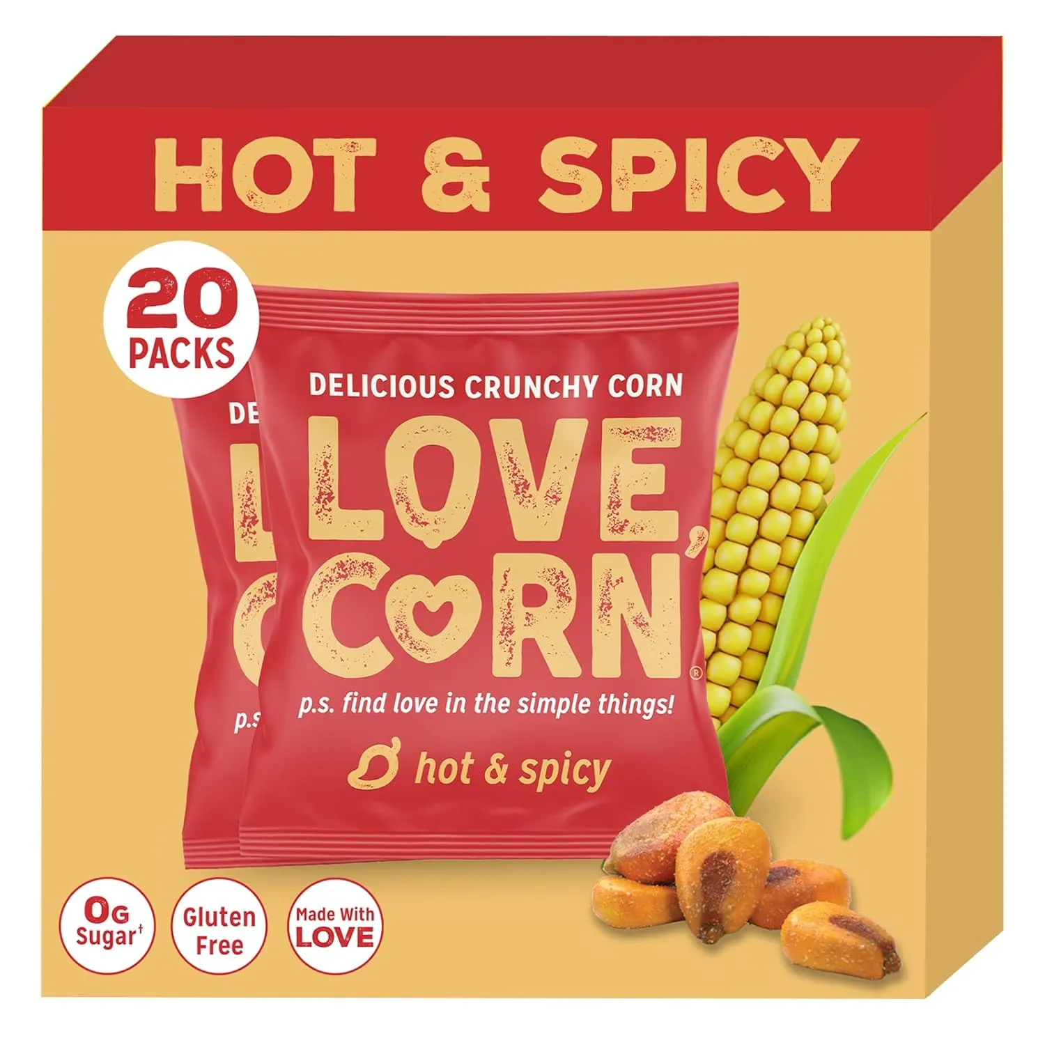 LOVE CORN | Habanero Chilli Delicious Crunchy Corn | 0.7oz, 20 bags | Low-Sugar, Gluten-Free, Plant Based, Non-GMO