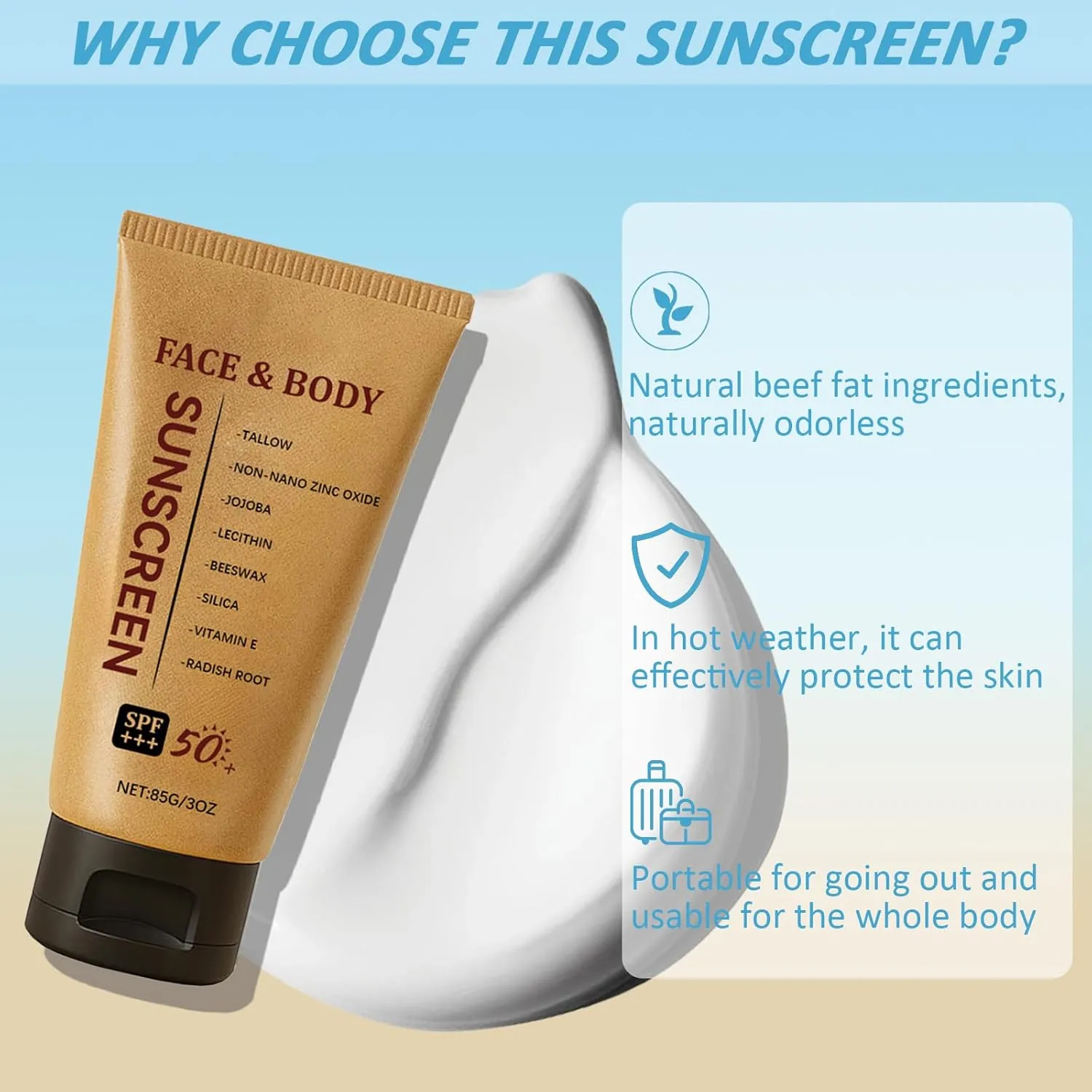 Lovera Beef Tallow Sunscreen SPF 50 | Organic Natural Beef Tallow Sunscreen, Clean Non-Greasy Formula for Face and Body for Sunmmer Outdoor Travel | Women and Men, 6 OZ (2)