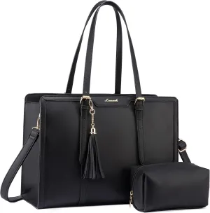 LOVEVOOK Laptop Bag for Women 15.6 inch Lightweight PU Laptop Tote Bag, Large Capacity Computer bag with Clutch Purse for Business, Work, Office, Travel, School,Casual(Black & Leather)