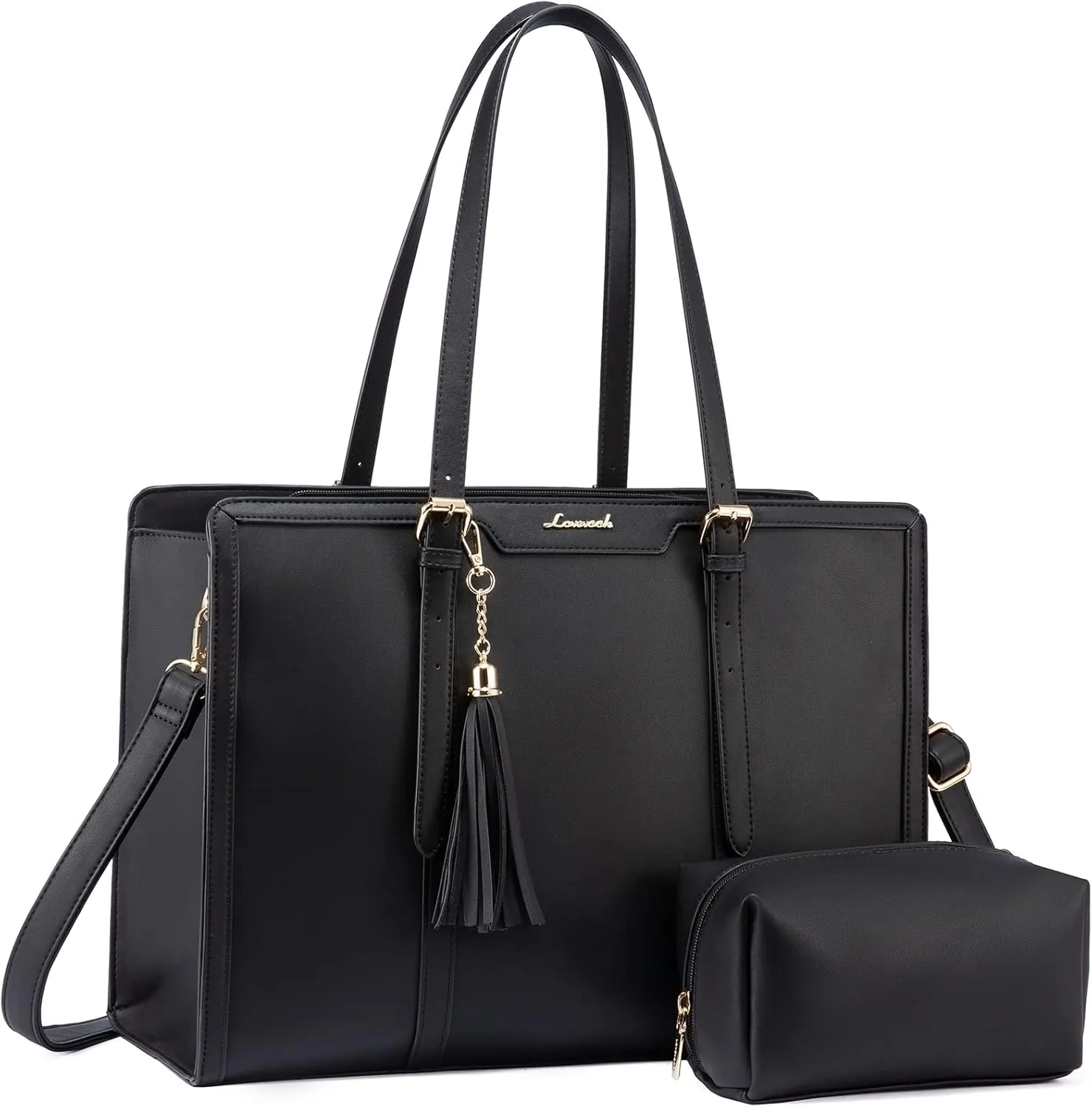 LOVEVOOK Laptop Bag for Women 15.6 inch Lightweight PU Laptop Tote Bag, Large Capacity Computer bag with Clutch Purse for Business, Work, Office, Travel, School,Casual(Black & Leather)