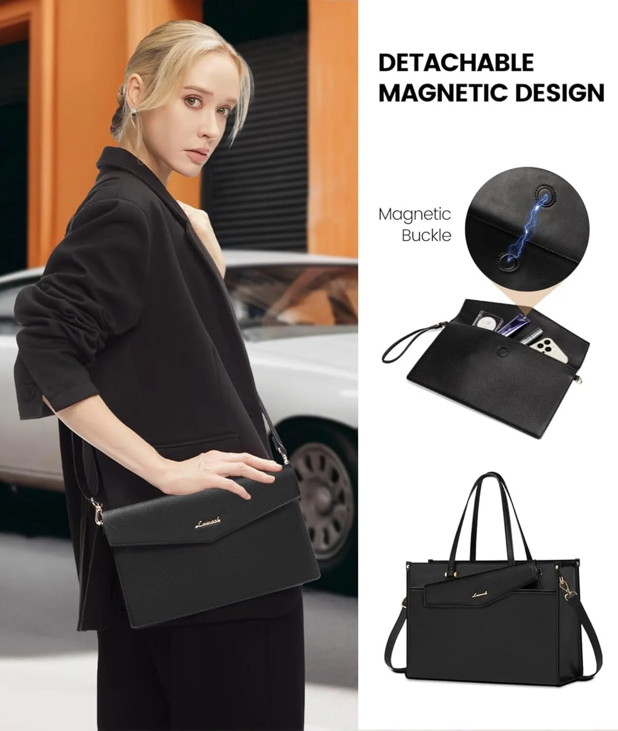 LOVEVOOK Laptop Tote Bag for Women, 15.6 inch 2-in-1 Professional Work Bag Business Briefcase with Clutch Purse, Waterproof Leather Computer Handbag for Teacher Office Travel
