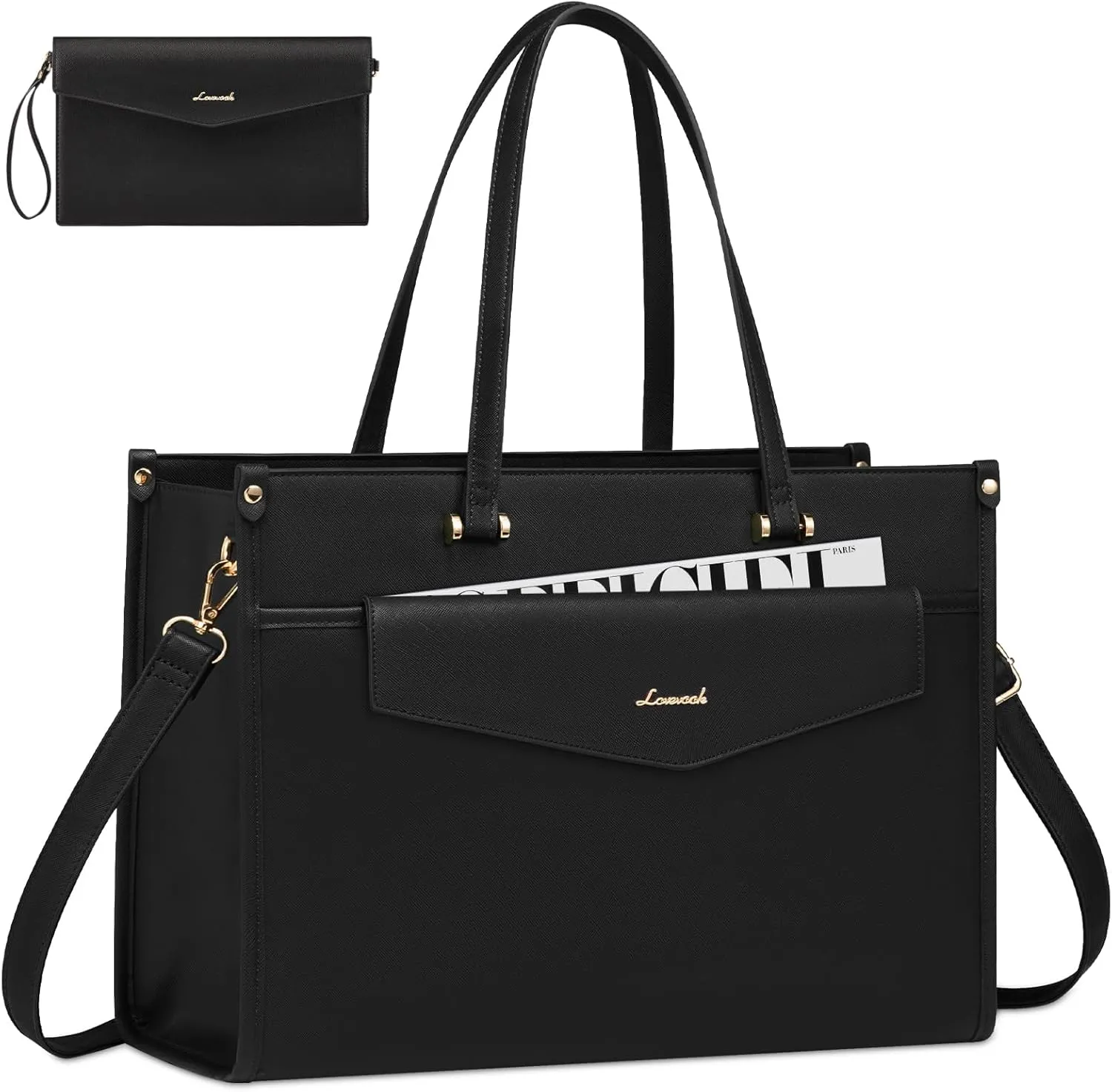 LOVEVOOK Laptop Tote Bag for Women, 15.6 inch 2-in-1 Professional Work Bag Business Briefcase with Clutch Purse, Waterproof Leather Computer Handbag for Teacher Office Travel
