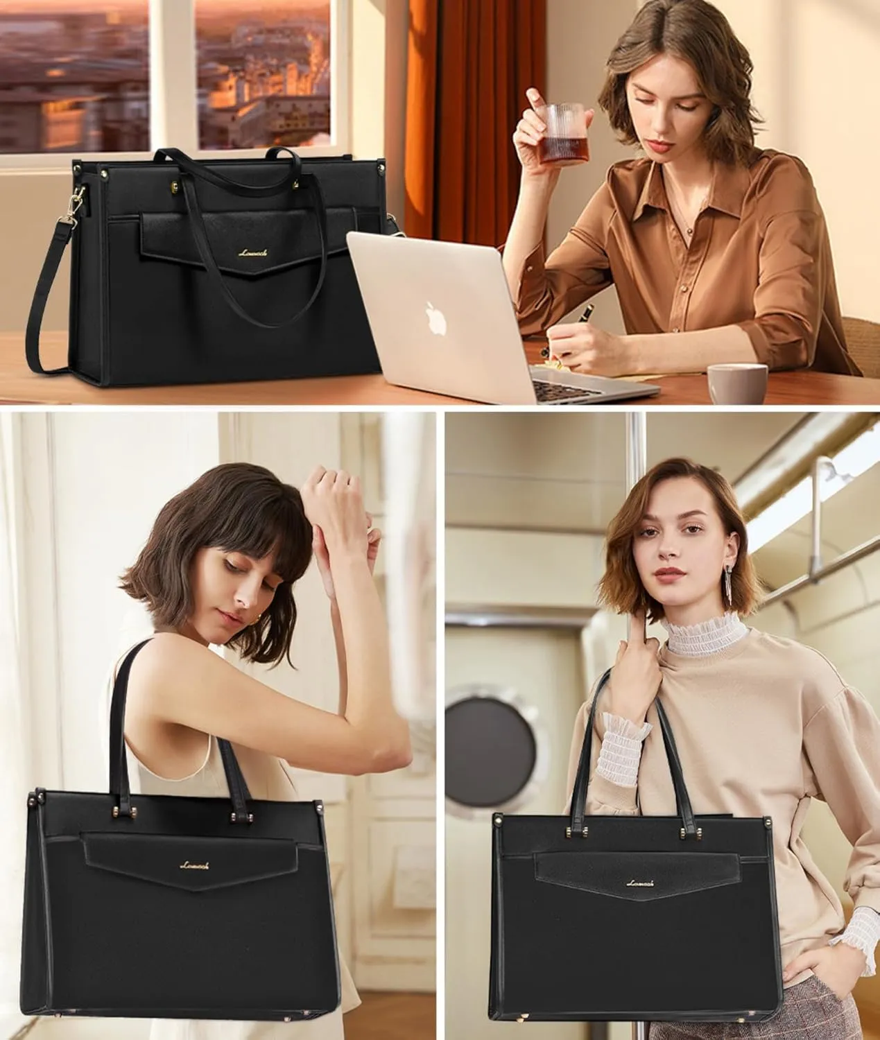LOVEVOOK Laptop Tote Bag for Women, 15.6 inch 2-in-1 Professional Work Bag Business Briefcase with Clutch Purse, Waterproof Leather Computer Handbag for Teacher Office Travel