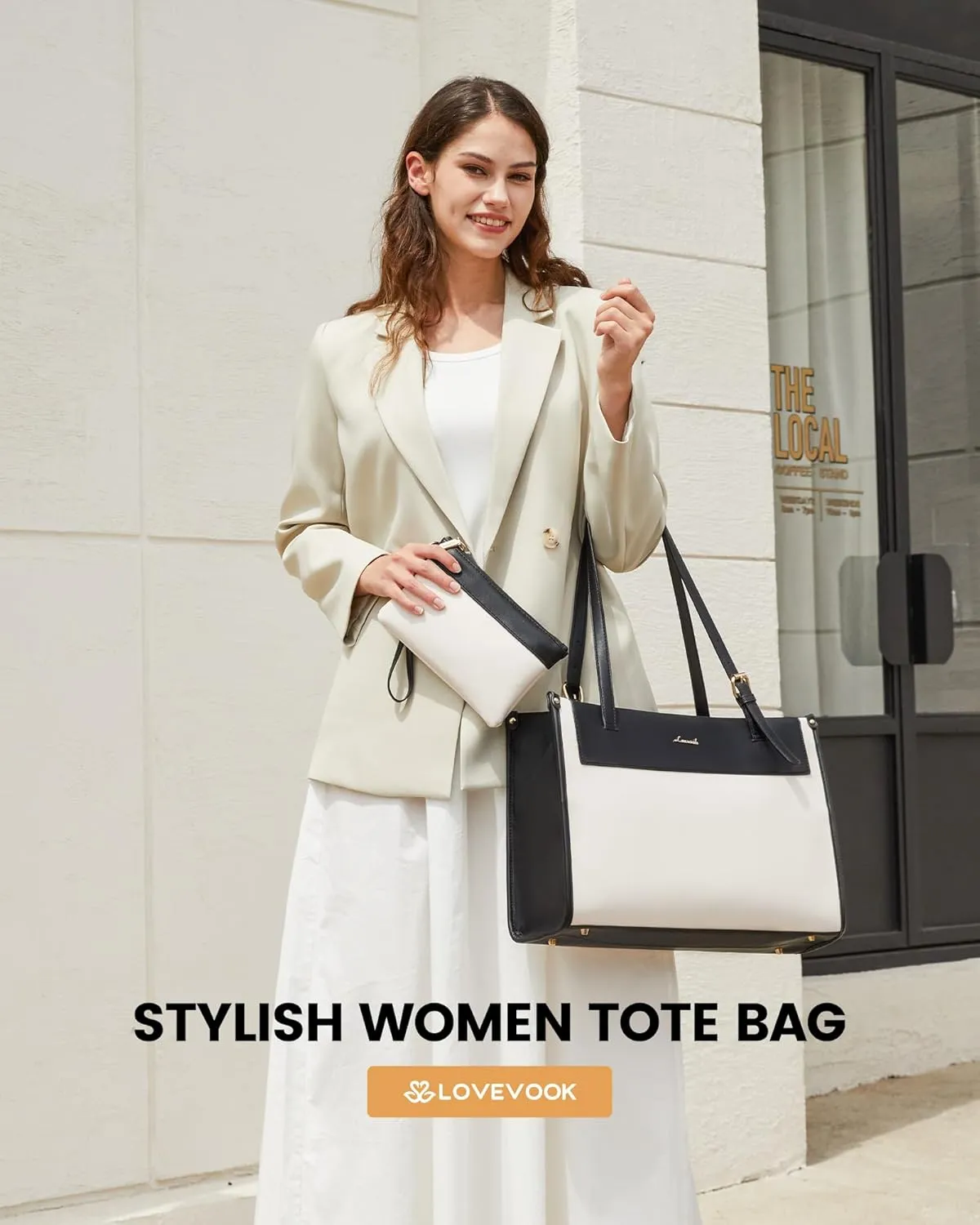 LOVEVOOK Laptop Tote Bag for Women 15.6 Inch Stylish Leather Work Tote Bag Purse Large Capacity And Waterproof Computer Briefcase for Business Office Travel, White-Black