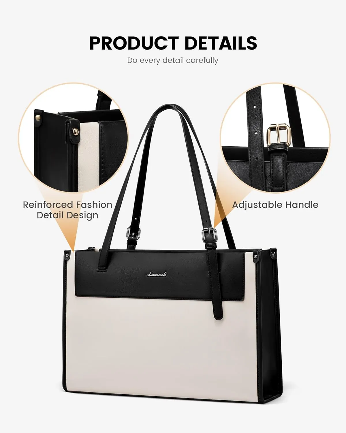 LOVEVOOK Laptop Tote Bag for Women 15.6 Inch Stylish Leather Work Tote Bag Purse Large Capacity And Waterproof Computer Briefcase for Business Office Travel, White-Black