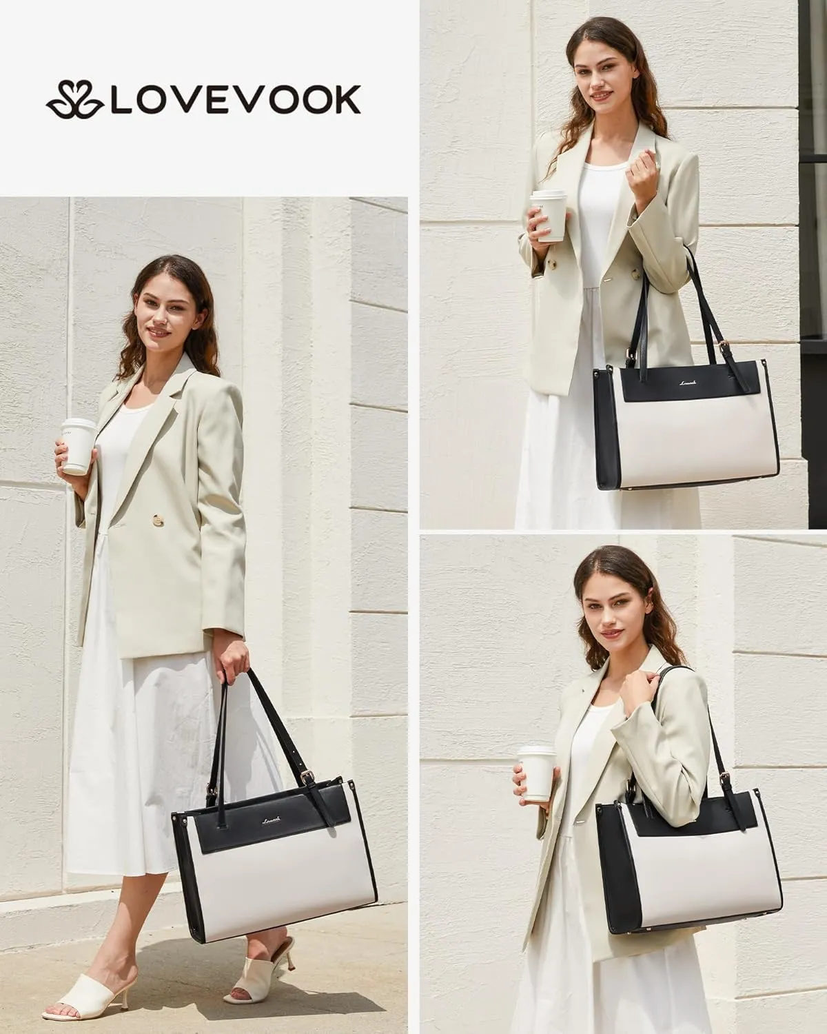 LOVEVOOK Laptop Tote Bag for Women 15.6 Inch Stylish Leather Work Tote Bag Purse Large Capacity And Waterproof Computer Briefcase for Business Office Travel, White-Black
