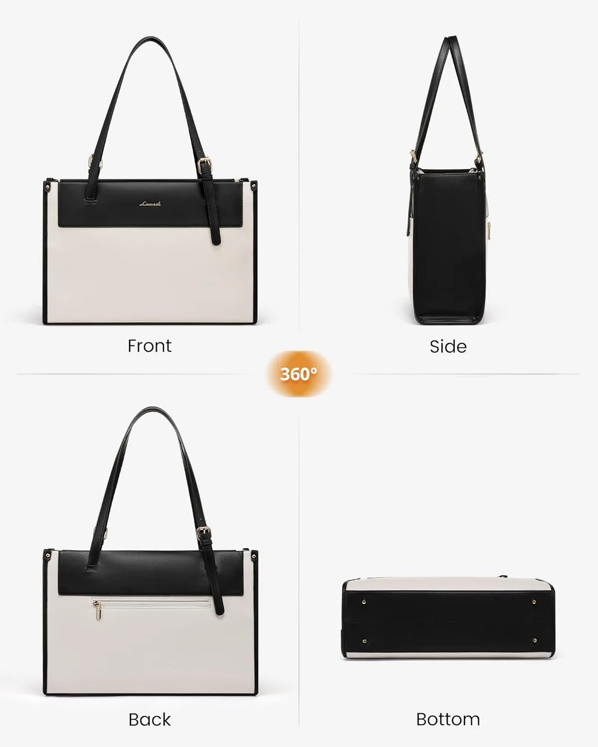 LOVEVOOK Laptop Tote Bag for Women 15.6 Inch Stylish Leather Work Tote Bag Purse Large Capacity And Waterproof Computer Briefcase for Business Office Travel, White-Black