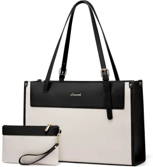 LOVEVOOK Laptop Tote Bag for Women 15.6 Inch Stylish Leather Work Tote Bag Purse Large Capacity And Waterproof Computer Briefcase for Business Office Travel, White-Black