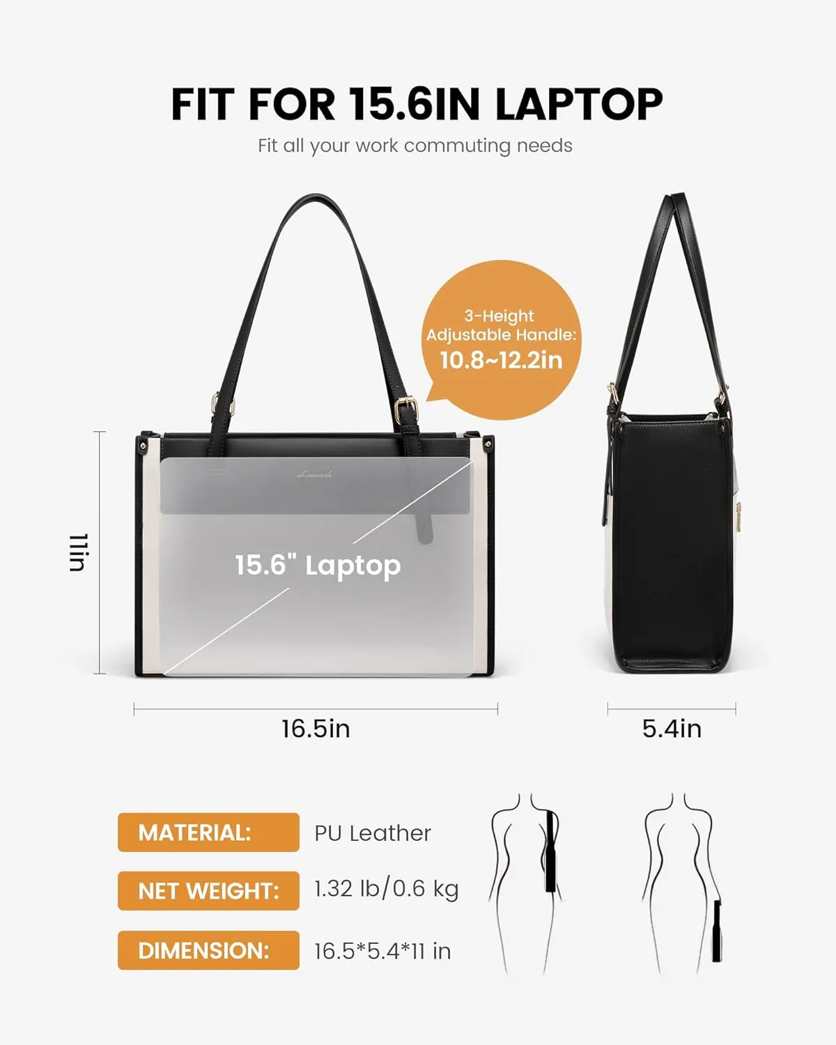 LOVEVOOK Laptop Tote Bag for Women 15.6 Inch Stylish Leather Work Tote Bag Purse Large Capacity And Waterproof Computer Briefcase for Business Office Travel, White-Black