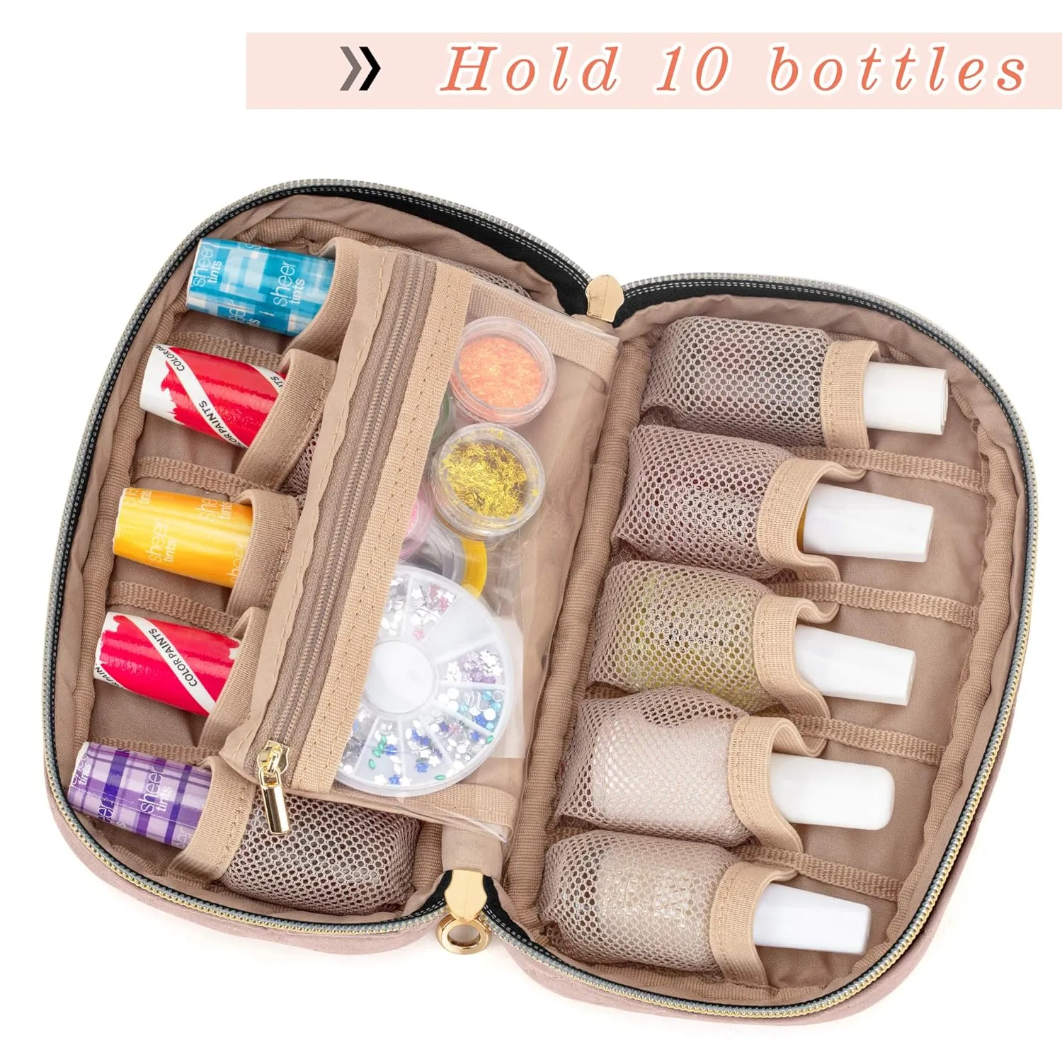 LUXJA Nail Polish Case - Holds 10 Bottles (15ml - 0.5 fl.oz), Nail Polish Organizer with Zipper Pockets (Bag Only), Pale Rose