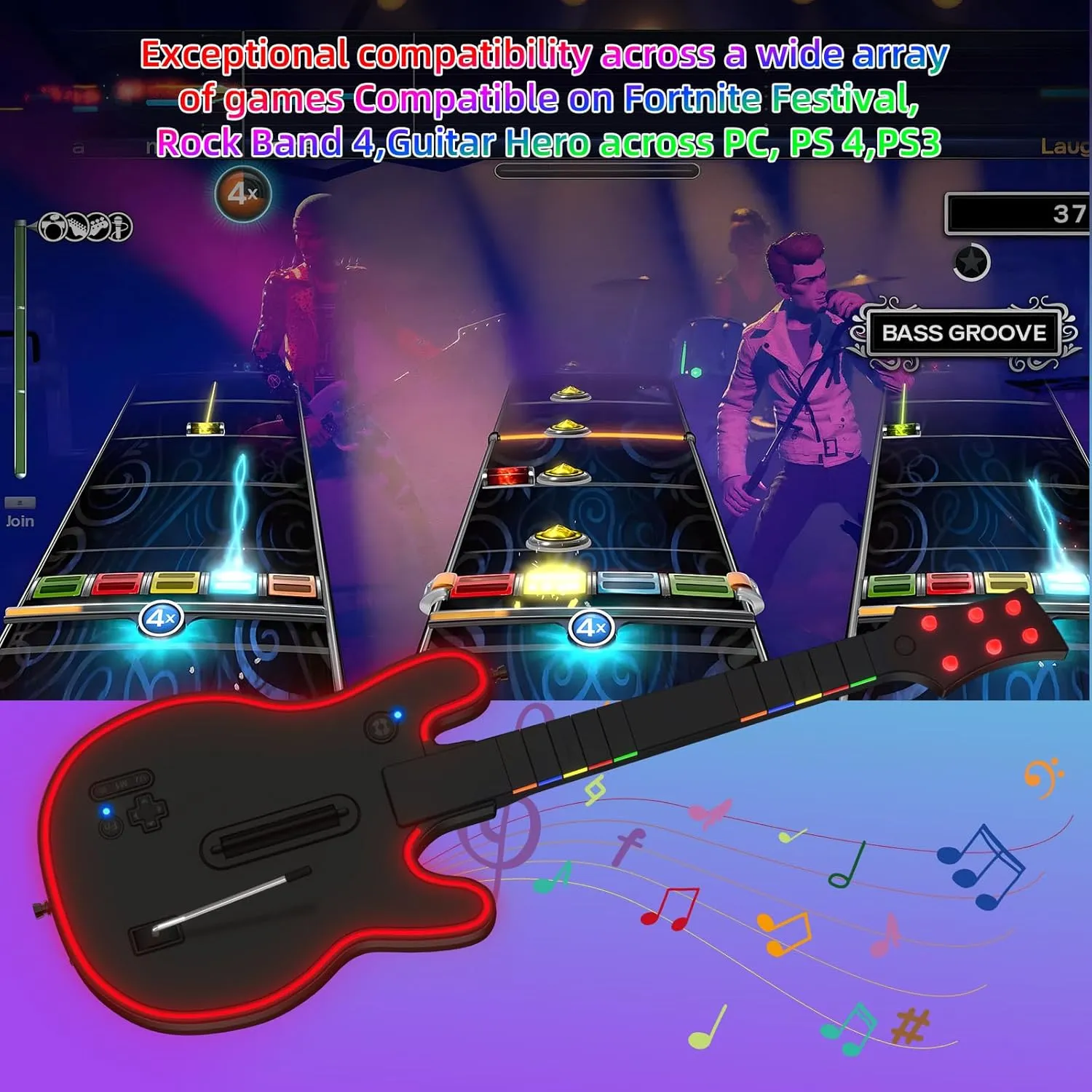 Lyvix Wireless Guitar Hero Guitar Controller for PS3/PS4/PC, Rechargeable Game Guitar for Guitar Hero, Rock Band, Clone Hero, Fortnite Festival, PlayStation 3/4 / PC with RGB Light, Audio Jack