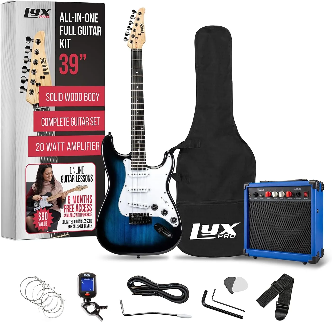 LyxPro 39 inch Electric Guitar Kit Bundle with 20w Amplifier, All Accessories, Digital Clip On Tuner, Six Strings, Two Picks, Tremolo Bar, Shoulder Strap, Case Bag Starter kit Full Size - Blue