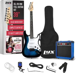 LyxPro 39 inch Electric Guitar Kit Bundle with 20w Amplifier, All Accessories, Digital Clip On Tuner, Six Strings, Two Picks, Tremolo Bar, Shoulder Strap, Case Bag Starter kit Full Size - Blue
