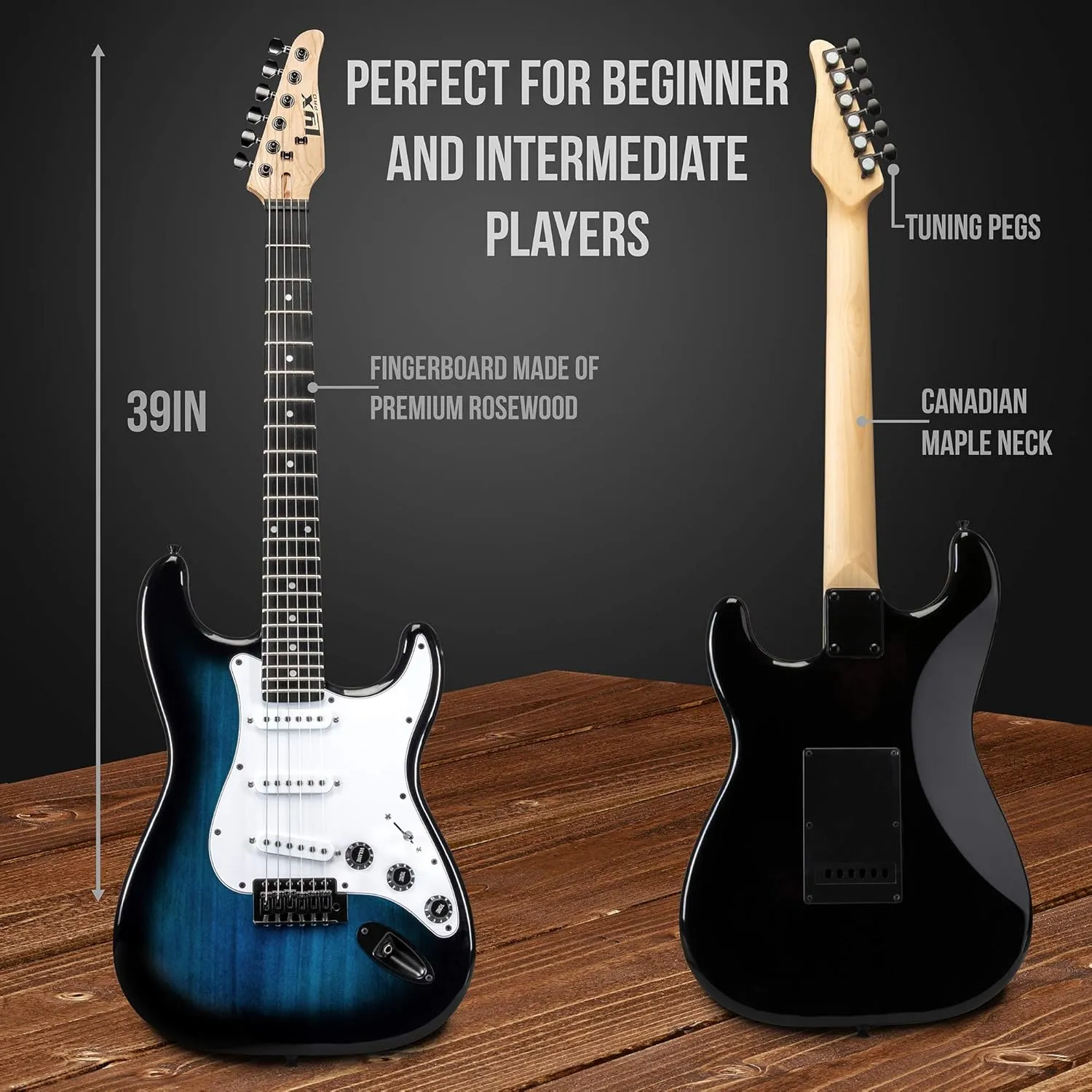 LyxPro 39 inch Electric Guitar Kit Bundle with 20w Amplifier, All Accessories, Digital Clip On Tuner, Six Strings, Two Picks, Tremolo Bar, Shoulder Strap, Case Bag Starter kit Full Size - Blue