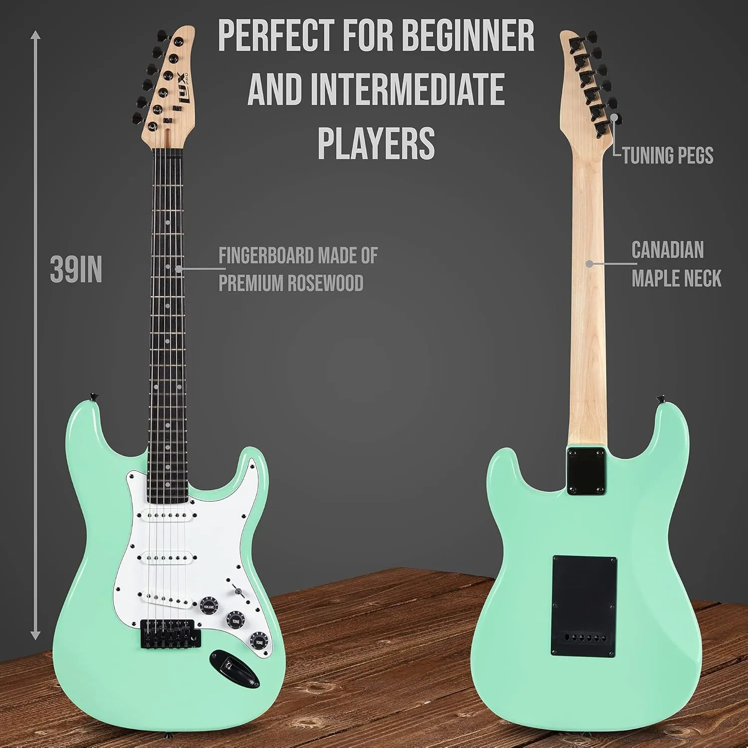 LyxPro 39 inch Electric Guitar Kit Bundle with 20w Amplifier, All Accessories, Digital Clip On Tuner, Six Strings, Two Picks, Tremolo Bar, Shoulder Strap, Case Bag Starter kit Full Size - Green